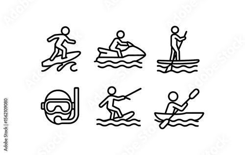 Water sports icons - surfing, jet skiing, paddleboarding, snorkeling, wakeboarding, kayaking vector icon isolated illustration
