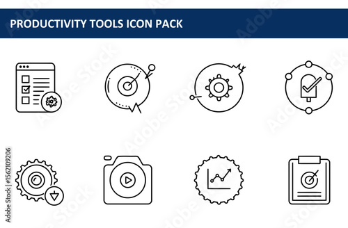 Productivity tools icons in a simple line art style. Collection of diverse productivity tools, with an easily identifiable design.