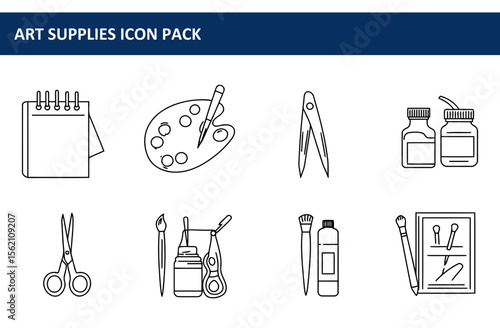 Art supplies icon pack depicting various tools and materials for art projects.