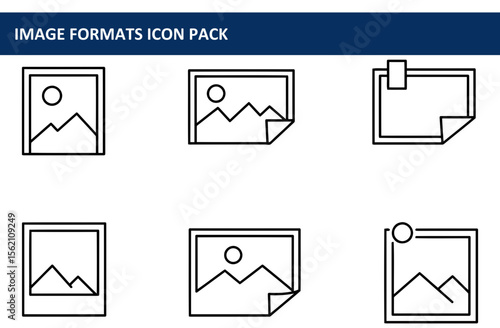 Image formats icon pack showcasing various image formats in simple, outline style. Collection of image file formats displayed in a flat design for use in software, web, or mobile applications.
