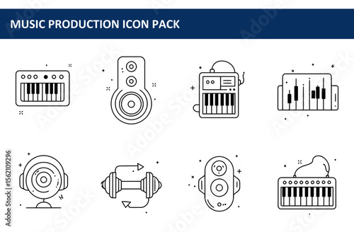 Music production icons in a professional, digital setting. Simple line art illustrations of audio equipment, with a focus on synthesizers, speakers, headphones, and midi controllers.