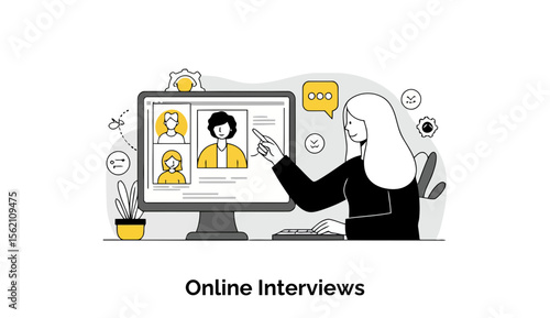 Female HR professional in business attire conducts online job interviews with candidates via computer screen.