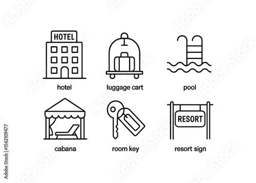 Hotel icons: luggage cart, pool, cabana, room key, resort sign vector icon isolated illustration