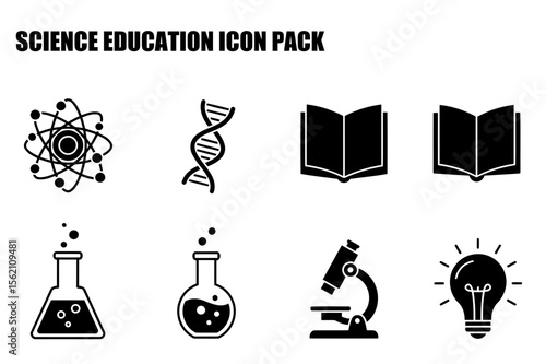 Science education icons depicting atom, DNA, book, flask, microscope, and lightbulb. Simple, black and white graphic icons for educational resources.