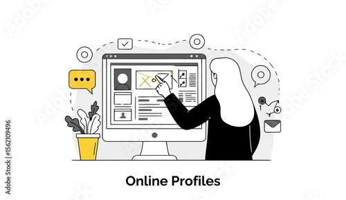Female user reviewing an online profile on a computer. Woman in hijab reviewing multiple profiles on a desktop computer in a home office.