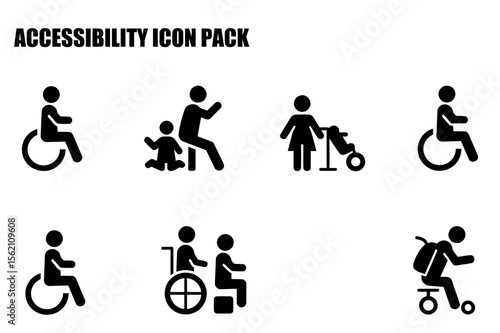 Accessibility icon pack depicting various people with disabilities in diverse situations. Simple, black and white figures in different poses utilizing assistive devices and mobility aids.