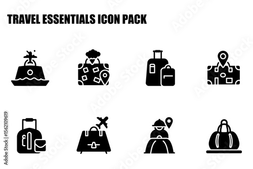 Travel essentials icon pack showcasing various methods of transport and luggage. Simple, black and white illustrations depicting different travel modes and luggage options in a flat design style.