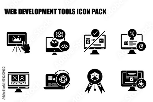 Web development tools icon pack featuring various website building and management tools. Simple black and white illustrations of computer screens and related elements presented in a grid format.