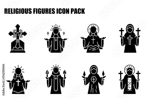 Religious figures in various robes and settings. Icons of saints and religious figures in prayerful poses. Religious figures in a Christian setting -