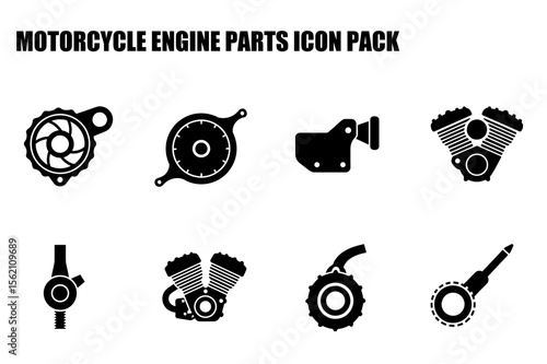Motorcycle engine parts icon set in a simple, clean graphic design. Silhouette illustrations of various motorcycle engine components, including a gear, pulley, engine, and valve.