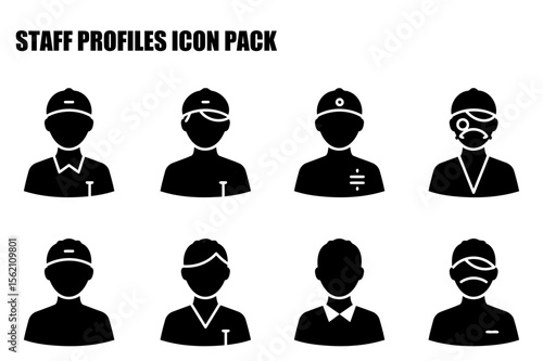 Staff profiles of various professions in uniform displayed in a grid format. Generic male employee images in different roles displayed in a professional icon set.