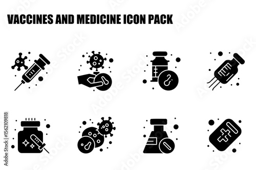 Black and white medical icons depicting vaccines, syringes, and medical supplies. Healthcare icons set against a white background.