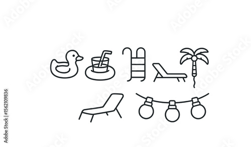 Summer icons: duck, drink, ladder, loungers, palm, lights vector icon isolated illustration
