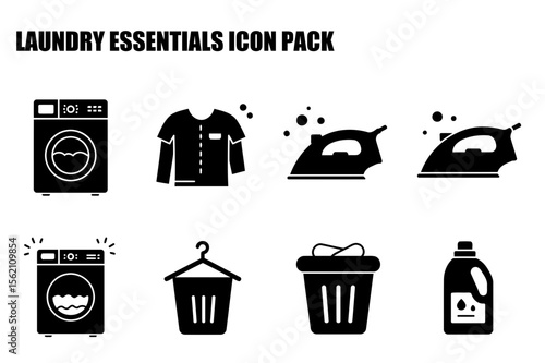 Laundry essentials icons for various household uses. Simple black and white illustrations of a washing machine, clothing, iron, laundry basket, and detergent bottle for use in a household setting.