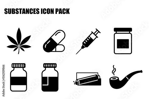 Substance icons in a medical/pharmacy setting. Collection of symbols for drugs and substances displayed in flat design style.
