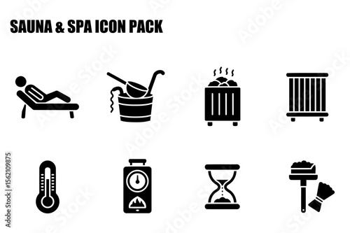 Sauna and Spa Icon Pack depicting various elements of a spa setting. Relaxing figures, tools, equipment, and timekeeping items, essential for a spa experience.