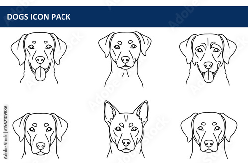 Black and white dog breed illustrations in a graphic design element. Four different breeds displayed in a front view, facing forward pose.