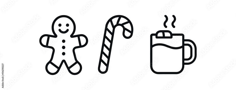 Fototapeta premium Black and white holiday icons: gingerbread, candy cane, hot beverage vector icon isolated illustration