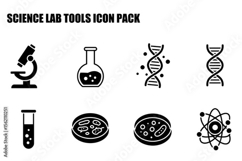 Science lab tools icons for educational or scientific use. Simple black and white icons of a microscope, beaker, test tube, petri dish, DNA and atom.