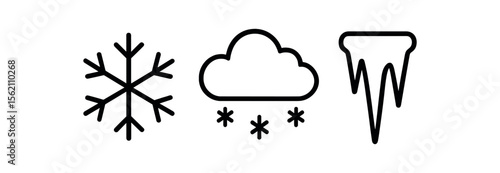 Winter weather symbols: snowflake, cloud, icicle icons on dark background vector icon isolated illustration