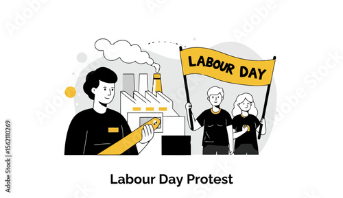 Labour Day protest featuring workers in black clothing holding banners outside a factory. A group of workers demonstrating in urban setting.