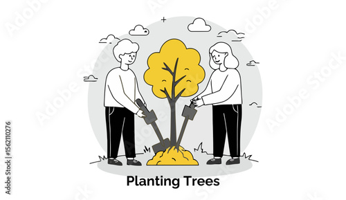 Young adults in casual clothing planting a tree in a park. Community helpers planting a sapling together in an outdoor setting.