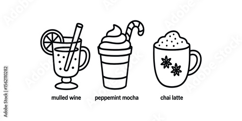 Three festive hot drinks icons: mulled wine, peppermint mocha, chai latte vector icon isolated illustration