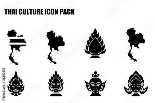 Thai cultural icons in a simple, symbolic design. Silhouette portraits and map representations of Thailand.
