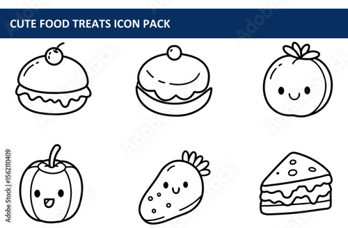 Cute food treats icons for kids/general audience in simple, cartoonish style. Displaying various food items with kawaii-style features and expressions in a white background setting.