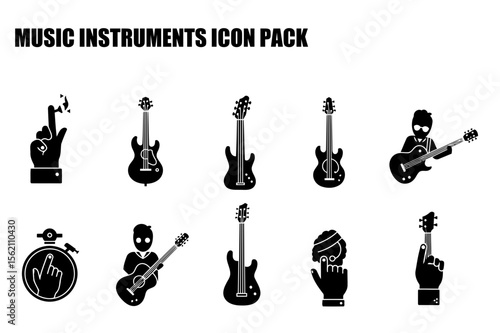 Music instruments icon pack showing various actions and instruments. Silhouettes of musical instruments and musicians playing them in a simple, stylized graphic design.