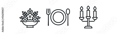 Elegant dinner setting symbols: flowers, plate, cutlery, and candelabra vector icon isolated illustration
