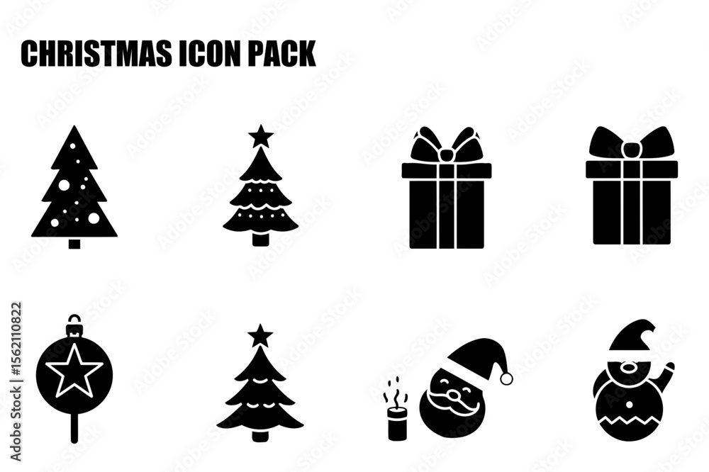 Fototapeta premium Christmas icon pack of various holiday symbols. Flat design Christmas tree, gift, ornament, Santa Claus, and snowman.