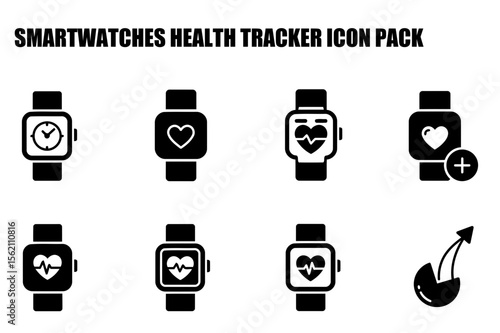 Smartwatch health tracker icons in various actions/display modes. Simple, modern, black and white icons for health applications.