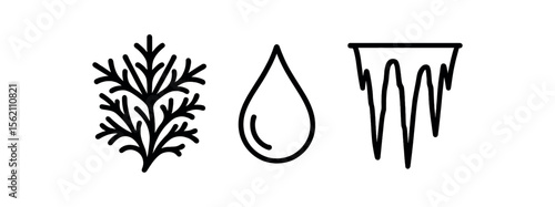 Nature elements icons: leaf, water droplet, icicles silhouette set vector icon isolated illustration