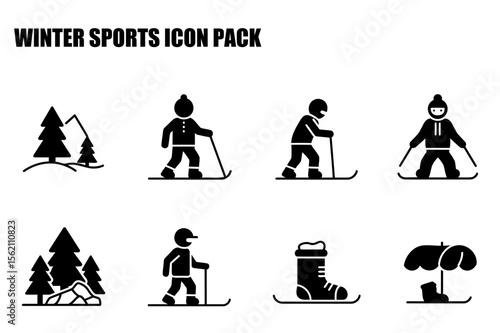 Winter sports icons showing various demographics in winter sports attire engaging in activities like cross-country skiing and snowshoeing in a snowy mountain/forest setting.