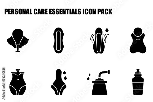 Personal care essentials icons for feminine hygiene products, toiletries, and body care items in a simple, modern design.