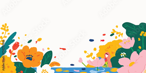 Vibrant and cheerful illustration, bursting with color and life, featuring a delightful array of flowers and leaves creating a border, a place for writing and a touch of joy to any project. 