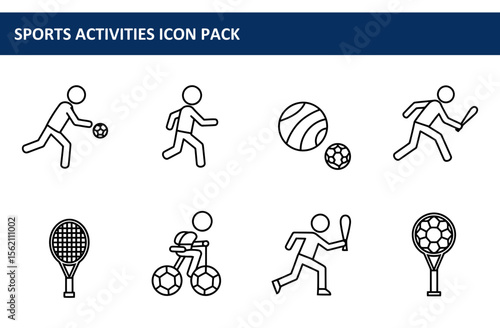 Line art illustration of various sports activities featuring children/youth in different sports. Active poses with sports equipment and various balls in a recreational setting.
