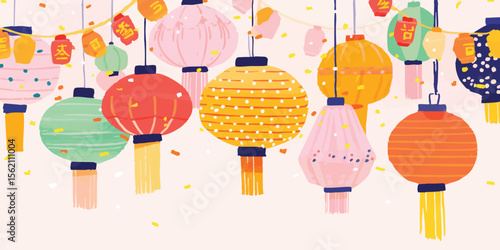 A kaleidoscope of colorful lanterns illuminates a festive celebration, infusing the scene with joy and tradition, inviting the viewer to revel in the vibrancy and cultural richness of the moment.