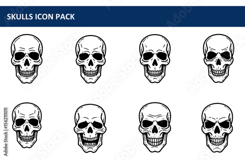 Skull icons set in various expressions displayed on a plain white background. Graphic design elements for Halloween, t-shirt designs, and other creative projects.