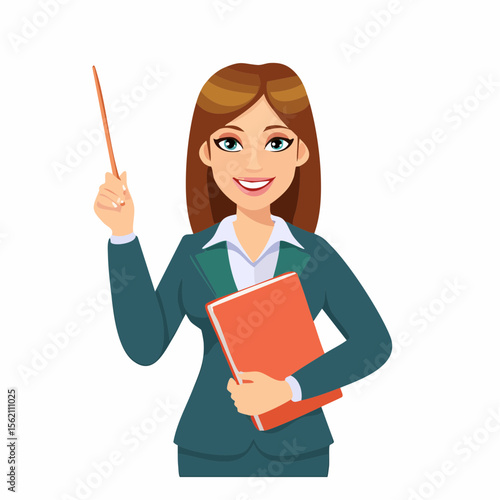 Smiling businesswoman in suit holding a clipboard in office setting