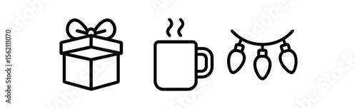 Gift box, hot drink mug, holiday lights icons on gray background vector icon isolated illustration