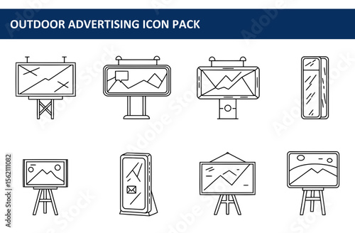 Outdoor advertising display icons for a marketing agency in a simple, outlined style. Collection of various displays for different purposes, depicting diverse promotional strategies.
