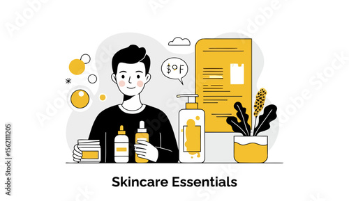 Young man examining skincare essentials in a modern, minimalist setting. Calmly holding skincare products, showcasing a skincare routine.
