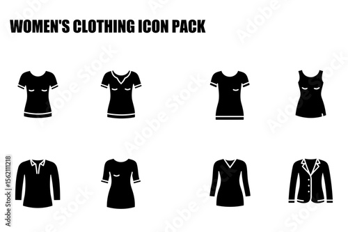Women's clothing icons depicting various styles in a flat design. Different tops and dresses in various necklines and sleeve styles, including a blazer, for various professional or casual settings.