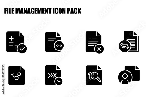 File management icons displaying various actions on documents. Simple, black and white icons of file actions for use in software applications.