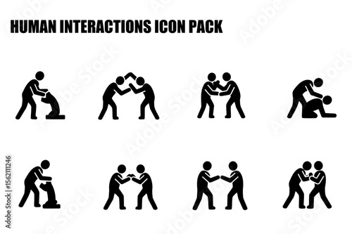 Human interactions icon set depicting various actions, including helping, fighting, and conflict resolution. A diverse range of interactions for education or design purposes.
