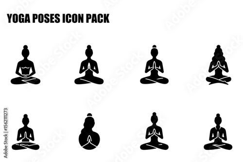 Yoga poses for women in various styles/poses in a studio setting. Female yoga practitioners in meditation/relaxation posture against a white background.
