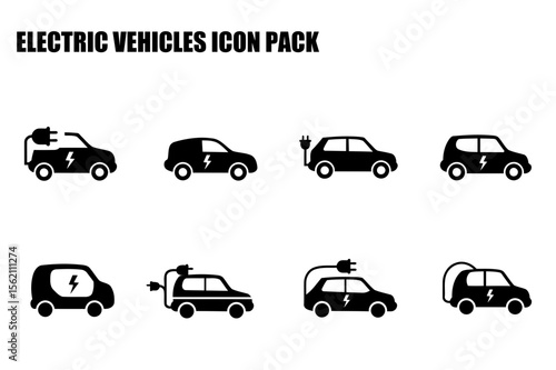 Electric vehicle icons in various styles with charging ports, displayed against a white background.