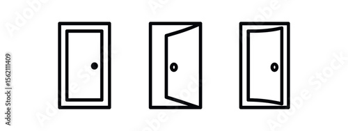 Three minimalist black doors in sequence on dark gray background vector icon isolated illustration